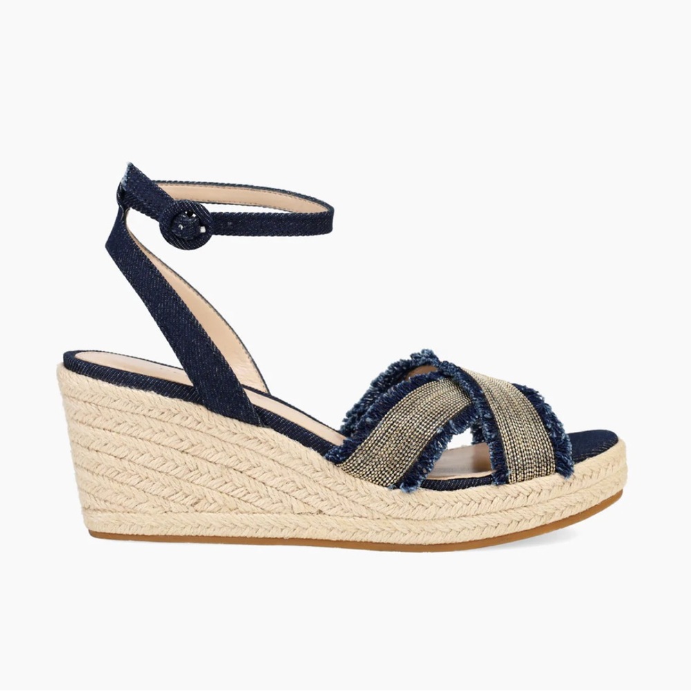 Ella Moda KONNOR indigo Navy and Beige Wedge Sandals ankle strap denim gold 9